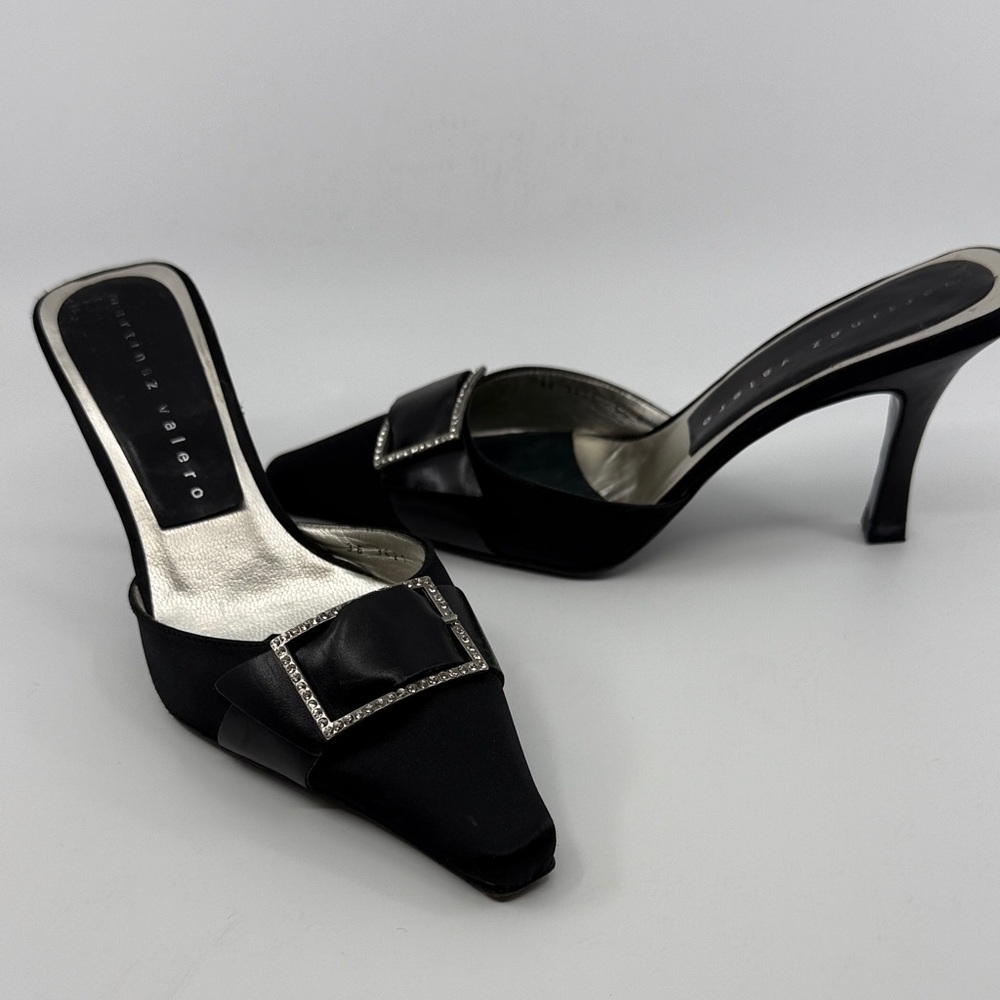 Martinez Valero Black Pointed-Toe Mules with Rhinestone Buckle